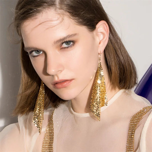 Women’s Metal Sequin Drop Earrings - Long Geometric Tassel Statement Jewelry for Wedding & Party Style
