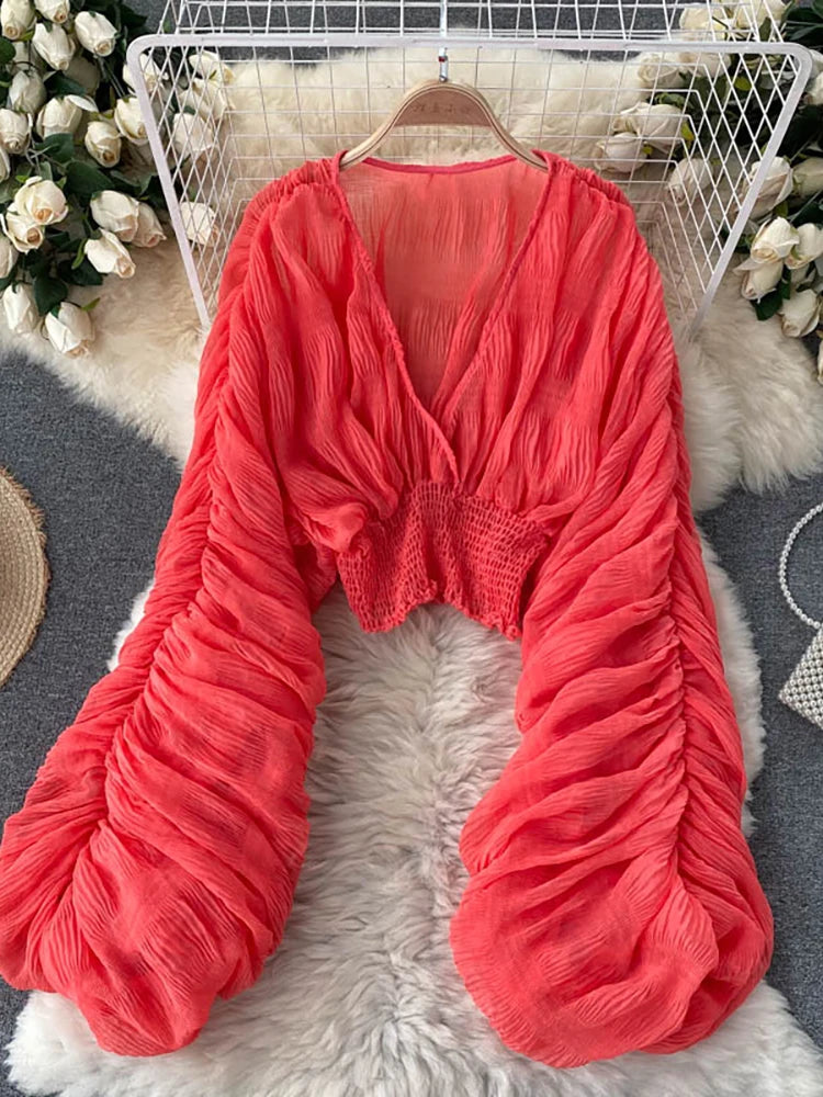 Women's Draped Chiffon Blouse - Elegant V-Neck Puff Sleeve Slim-Fit Party Top for Summer Fashion