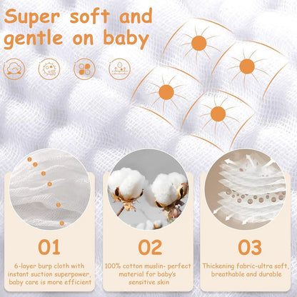 6PCS Baby Burping Cloths – 20"x10" Extra Soft 100% Cotton Muslin Washcloths, Absorbent Newborn Burp Cloths