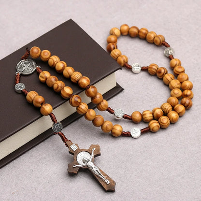 Catholic Wooden Beaded Rosary Necklace – INRI Crucifix Cross Pendant Long Chain Christian Prayer Jewelry for Men & Women