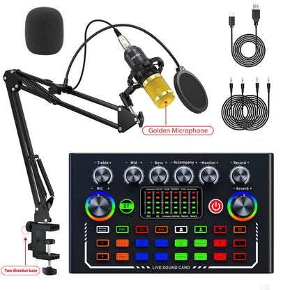 F009 Live Sound Card Mixer - Bluetooth DJ Audio Interface with Microphone Kit for Smartphone Live Streaming & Recording