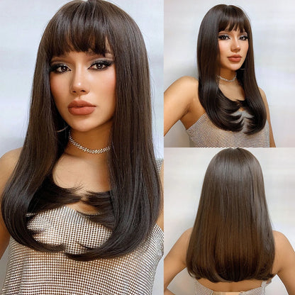 ALAN EATON Blonde Layered Synthetic Wig with Bangs – Long Straight Heat-Resistant Wig for Women & Girls, Natural Daily Hair