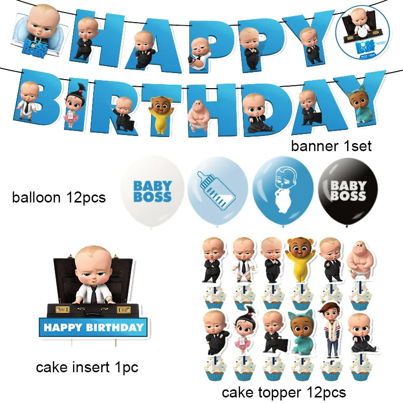 Cartoon Boss Baby Birthday Party Set - Disposable Tableware, Backdrop & Balloons for Kids Baby Shower Decor