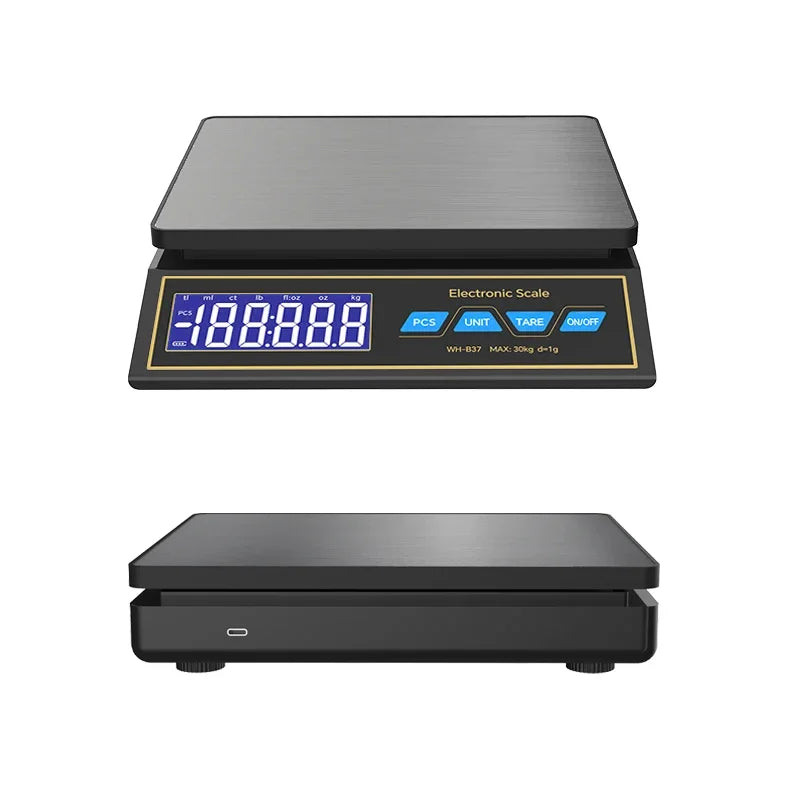 LCD Digital Kitchen Scale 30kg/1g – Rechargeable Stainless Steel Precision Electronic Weighing Scale for Food, Baking & Jewelry