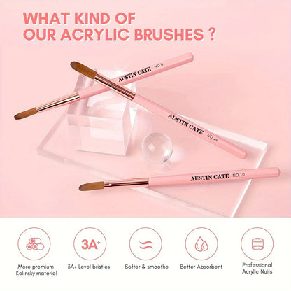 3Pcs Acrylic Nail Brush Set #8/10/14 - Professional Nail Brushes for Acrylic Powder Extensions, 3D Carving & Nail Art Salon Tools