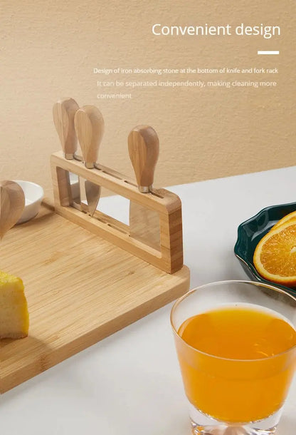 Bamboo Cheese Board Set – Square Wooden Board with Knife Holder, 4 Stainless Steel Knives & Dessert Plate