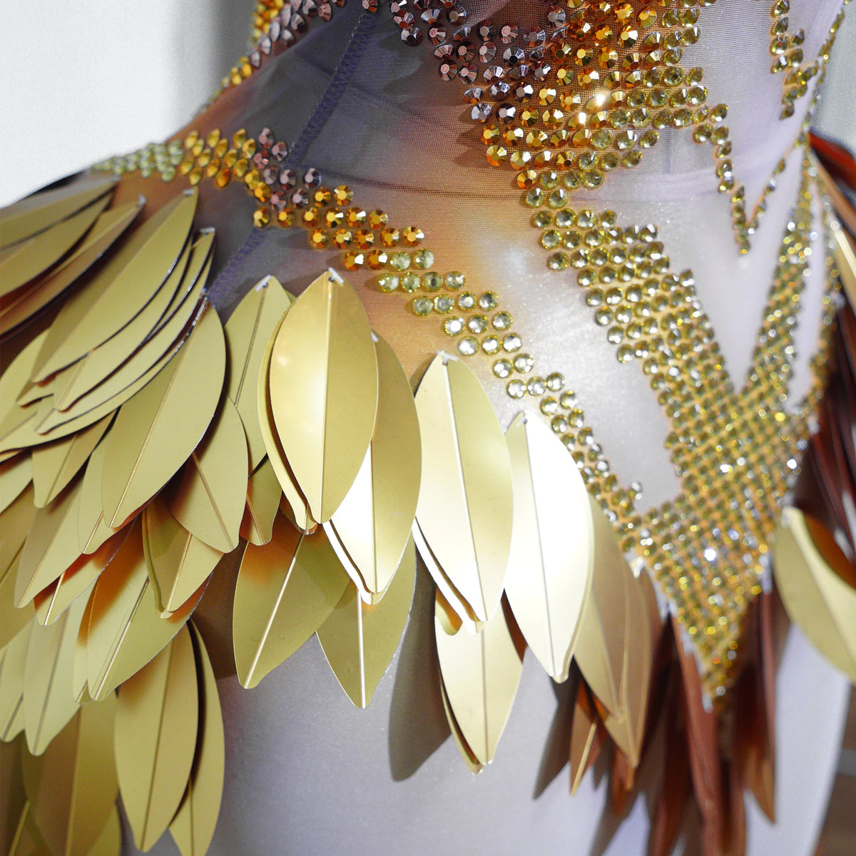 3D Gold Feather Rhinestone Split Dress - Evening Dance, Catwalk & Stage Performance Outfit