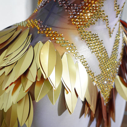 3D Gold Feather Rhinestone Split Dress - Evening Dance, Catwalk & Stage Performance Outfit