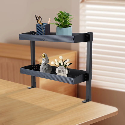 2-Tier Clamp-On Desk Shelf – Corner Table Organizer, Above or Under Desk, Black