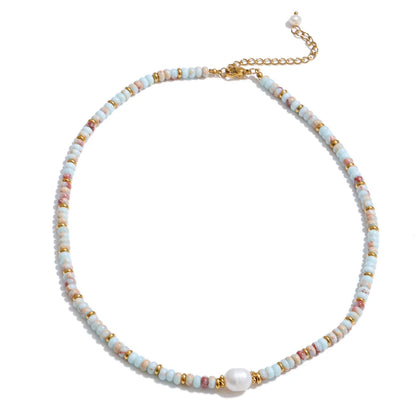 Yhpup Colorful Natural Stone Bead Necklace – Handmade Y2K Stainless Steel Waterproof Chain Jewelry for Women