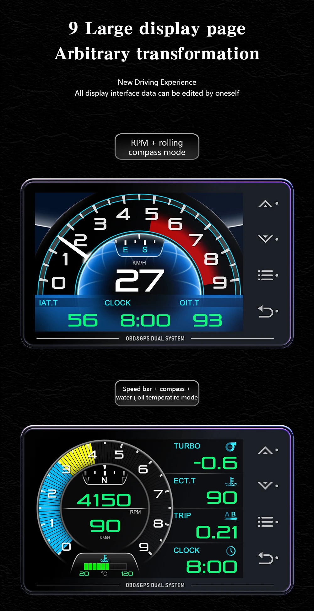 XS HUD Car Gauge – Multi-Function OBD+GPS Display for Water Temp, Turbo, Oil Pressure & Oil Temp Head-Up Display