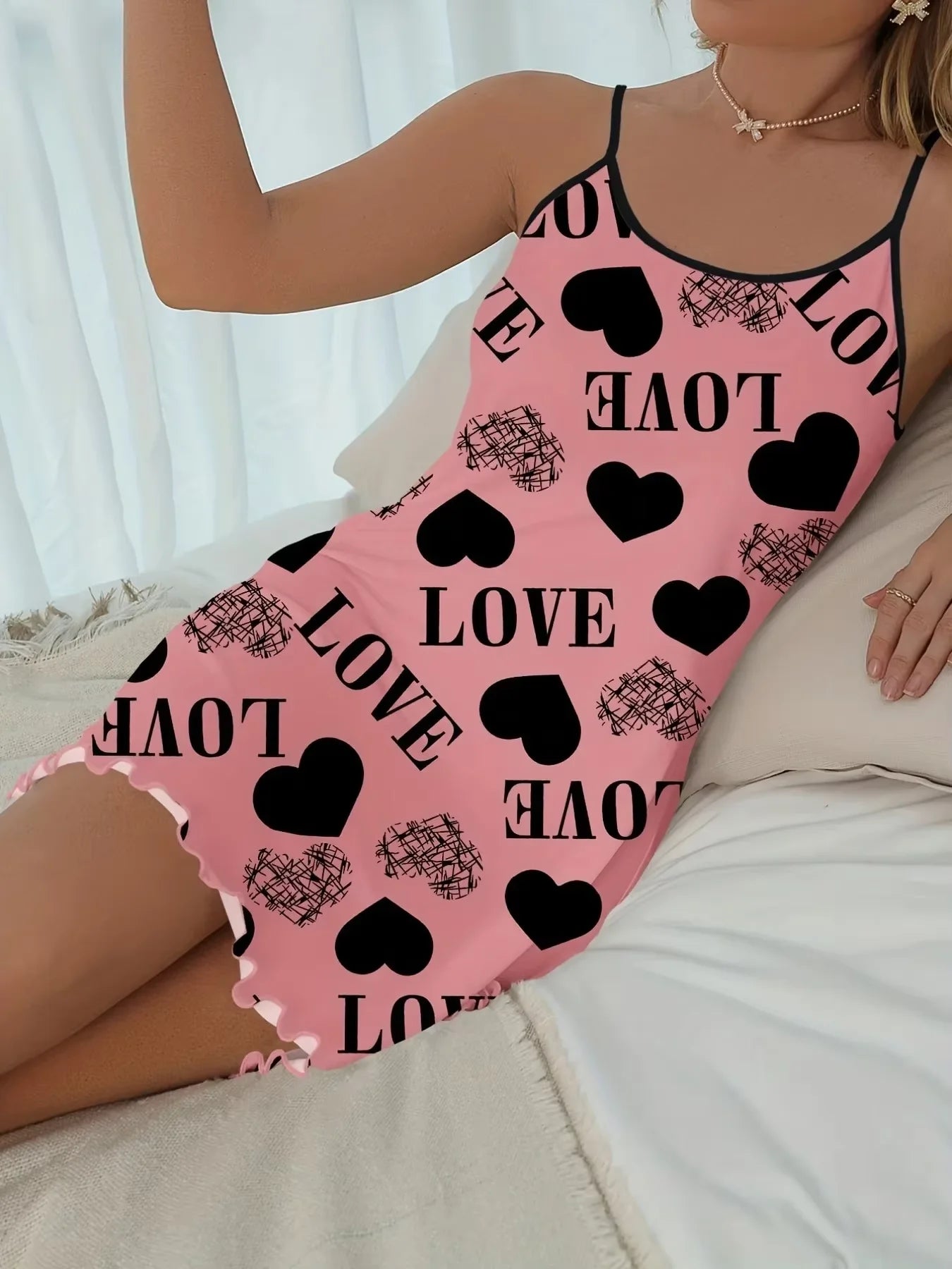 Women’s Heart LOVE Nightgown - Soft Breathable Summer Camisole Backless Ruffle Sleep Dress