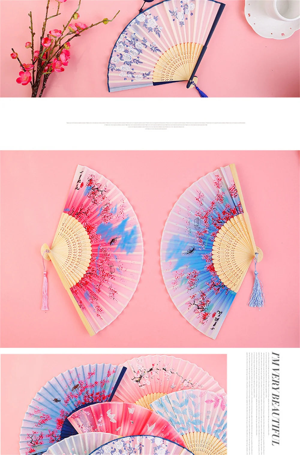 Bamboo Folding Fan with Silk — Chinese & Japanese Style Handheld Fan, Antique Art Craft for Summer Dance, Home Decor & Party