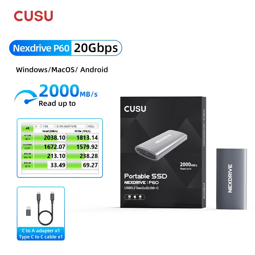 CUSU Portable External SSD Drive 256GB/512GB/1TB/2TB Type-C Solid State Drive for Phone, Laptop & Fast Data Storage