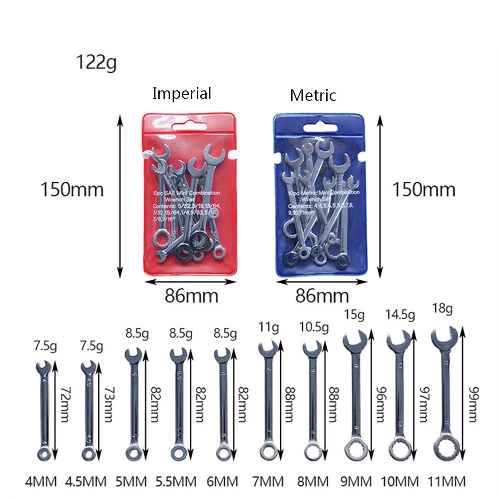 10-Piece Mini Spanner Wrench Set - 4–11mm Metric and British Pocket Hand Tools with Key Ring