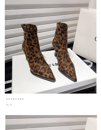 Leopard Print Women’s Ankle Boots – Fashionable High Heel Short Booties, Elegant Dancing & Party Prom Shoes