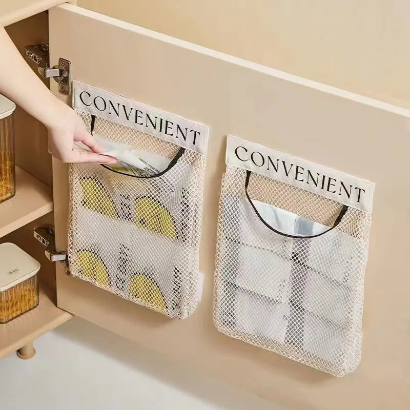 Large-Capacity Wall-Mounted Mesh Garbage Bag Holder – Hanging Kitchen Organizer & Fruit Storage Net for Cabinet Accessories