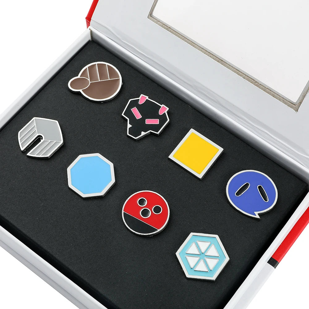 Pokemon Gym Badge Pin Set - Kanto to Kalos League Region Collectible Brooch Box