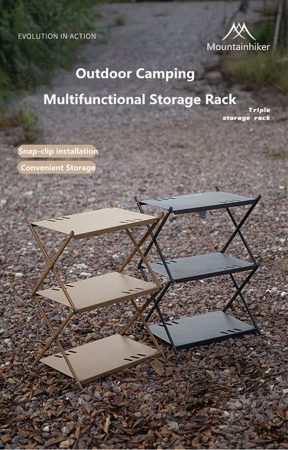 MOUNTAINHIKER Three-Tier Folding Rack – Portable Outdoor Storage Shelf for Camping, Picnic, BBQ & Garden Use
