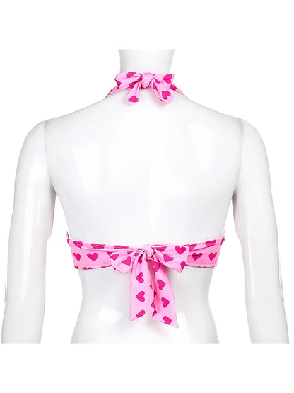 Pink Heart Print Bustier Crop Top for Women – Kawaii Aesthetic Lace-Up Backless Bralette Camisole Sleeveless Fashion Top