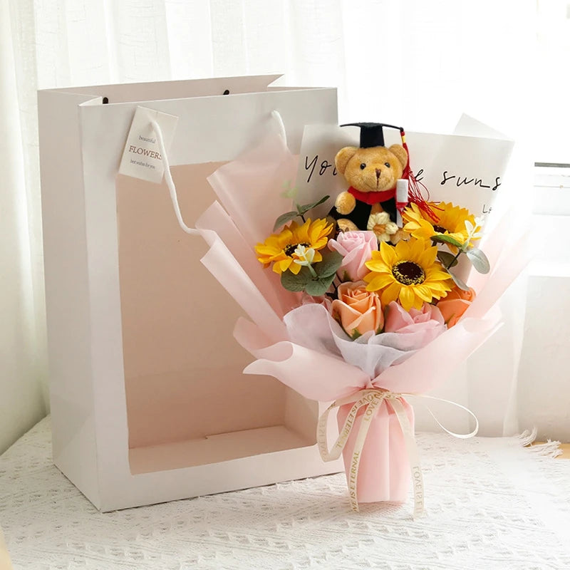 DIY Simulated Flower Bouquet – Crochet Sunflower Finished Product, Graduation, Doctoral, Valentine’s Day & Birthday Gift with Bear
