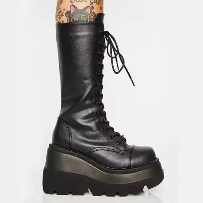 Women’s Winter Platform Boots – Black Leather Short Combat Booties, Rainproof Military, Punk Goth Lolita Footwear Clearance