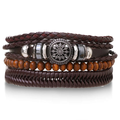 4Pcs Men's Braided Leather Bracelets Set – Vintage Life Tree & Rudder Charms, Wood Beads, Ethnic Tribal Wristbands
