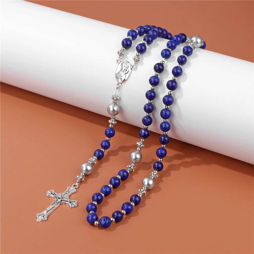 6mm Tiger Eye Rosary Beads Necklace – Catholic Jesus & Virgin Mary Pendant Long Knotted Chain Religious Jewelry for Men & Women