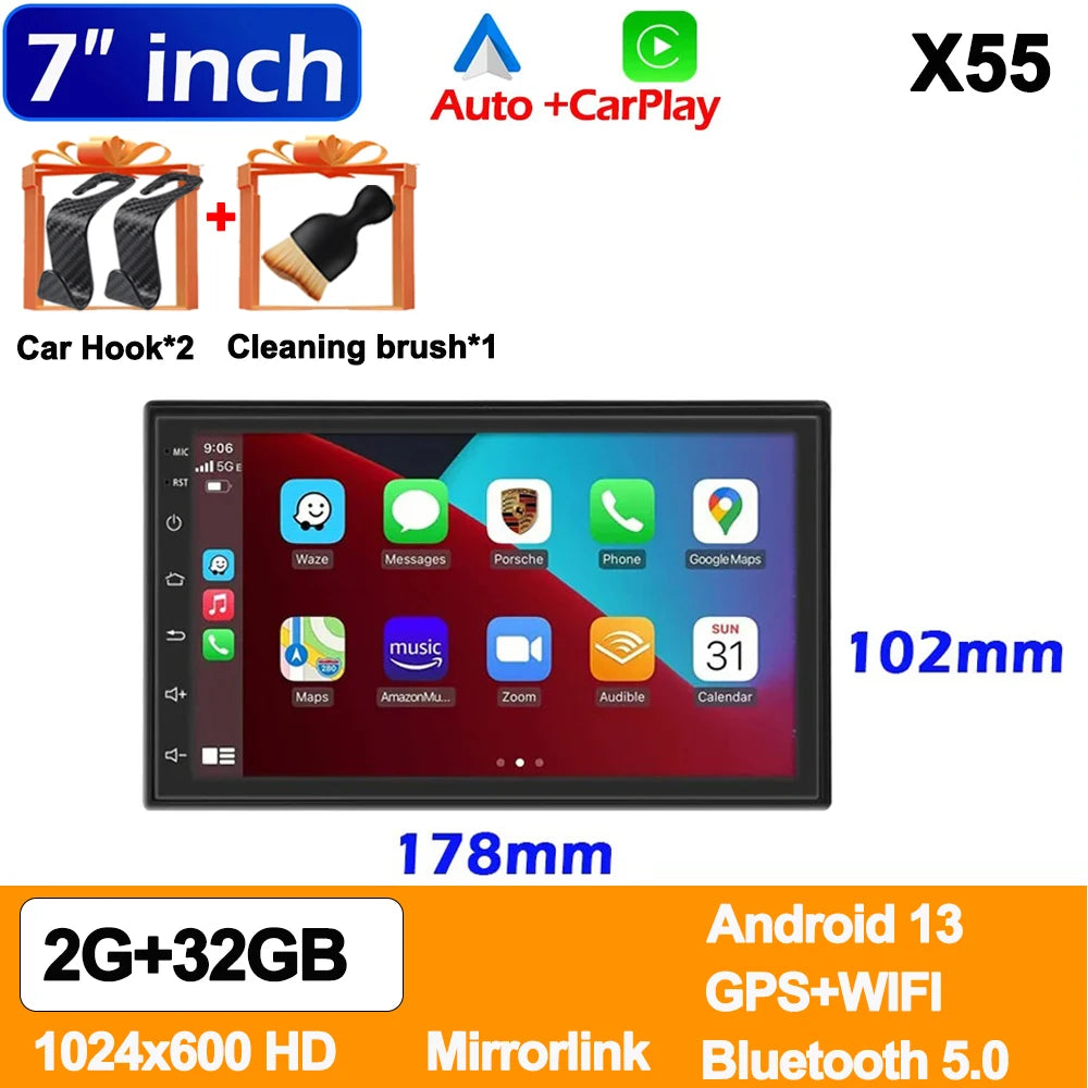 Android 13 Car Radio — 7/9/10" 2-DIN GPS Multimedia Player with 64GB, Wireless CarPlay & Android Auto