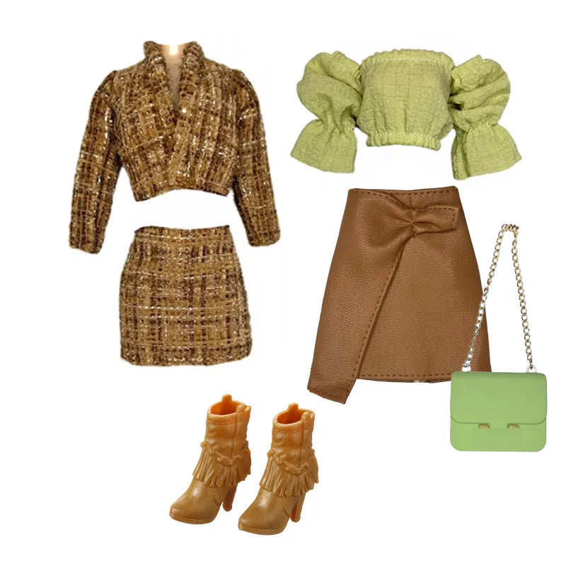 Elegant 1/6 Doll Outfit – Pink Houndstooth Dress, Hat, Gold Belt, Handbag & Shoes Set