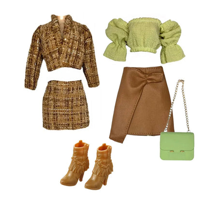 Elegant 1/6 Doll Outfit – Pink Houndstooth Dress, Hat, Gold Belt, Handbag & Shoes Set