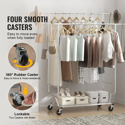 VEVOR Heavy Duty Garment Rack – Adjustable Length Clothes Rack with Bottom Shelf & Wheels for Laundry Room