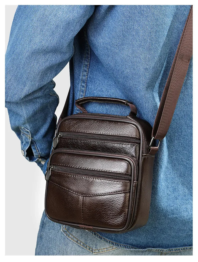 Men’s Genuine Leather Crossbody Bag – Small Outdoor Casual Bag for Motorcycle and Daily Use