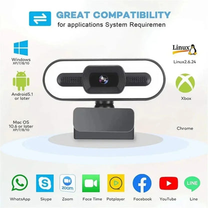 Portable Full HD Webcam – 1080P/2K/4K Autofocus PC & Laptop Camera with Microphone, Flexible Live Streaming and Broadcast Light