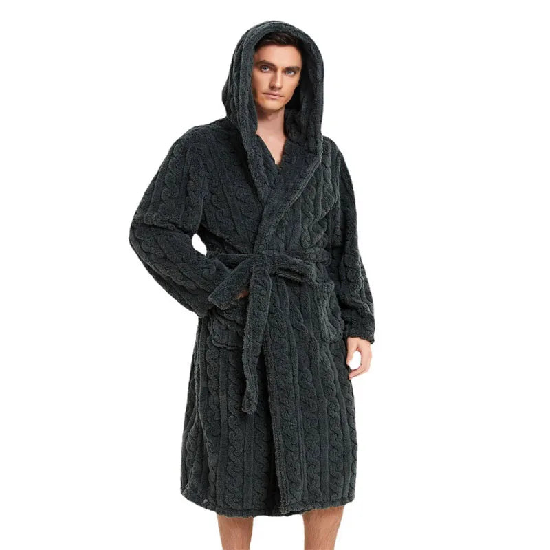 Men’s Fall & Winter Warm Hooded Robe – Thickened Cotton Velvet Jacquard Homewear for Couples