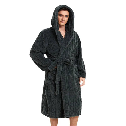 Men’s Fall & Winter Warm Hooded Robe – Thickened Cotton Velvet Jacquard Homewear for Couples