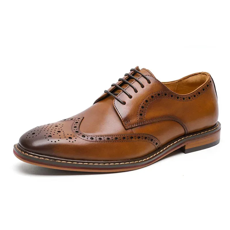 Men’s Genuine Cow Leather Oxford Shoes - Handmade British Vintage Carved Brogue Derby Dress Shoes