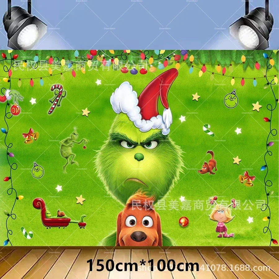 Grincs Christmas Party Balloon Decoration Set – Merry Xmas Banner Cake & Disposable Tableware Supplies Green Red