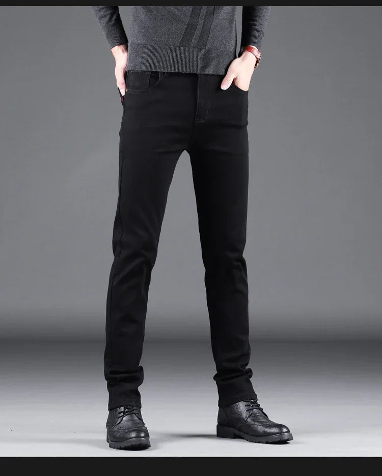 Men’s Spring Autumn Slim Black Jeans — Elastic Straight Korean Vintage Denim Pants for Business & Casual Wear