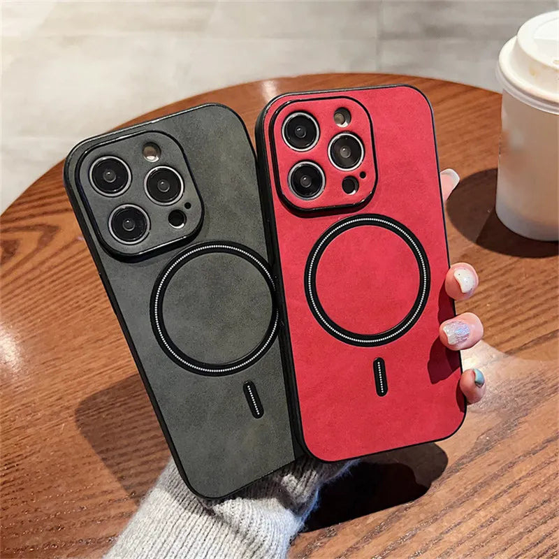 Luxury Cortex Leather Magnetic Phone Case - Wireless Charging Shockproof Bumper Cover for iPhone 12, 13, 14, 15, 16 & 17 Pro Max