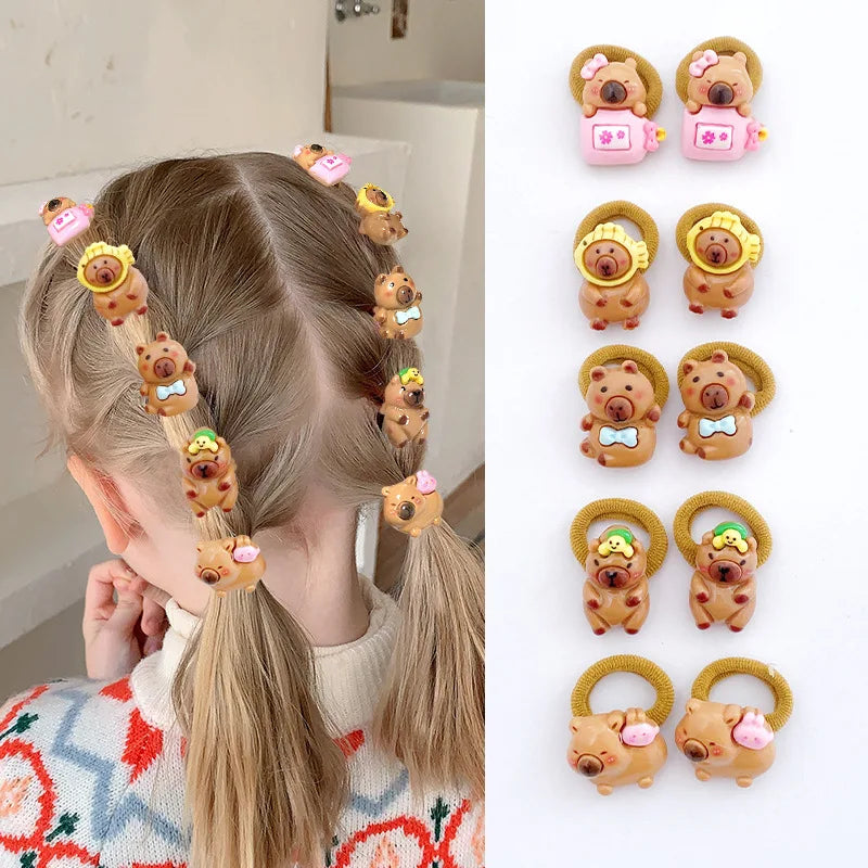 10Pcs Cartoon Capybara Hair Ties - Soft Resin Animal Hair Accessories for Girls and Children