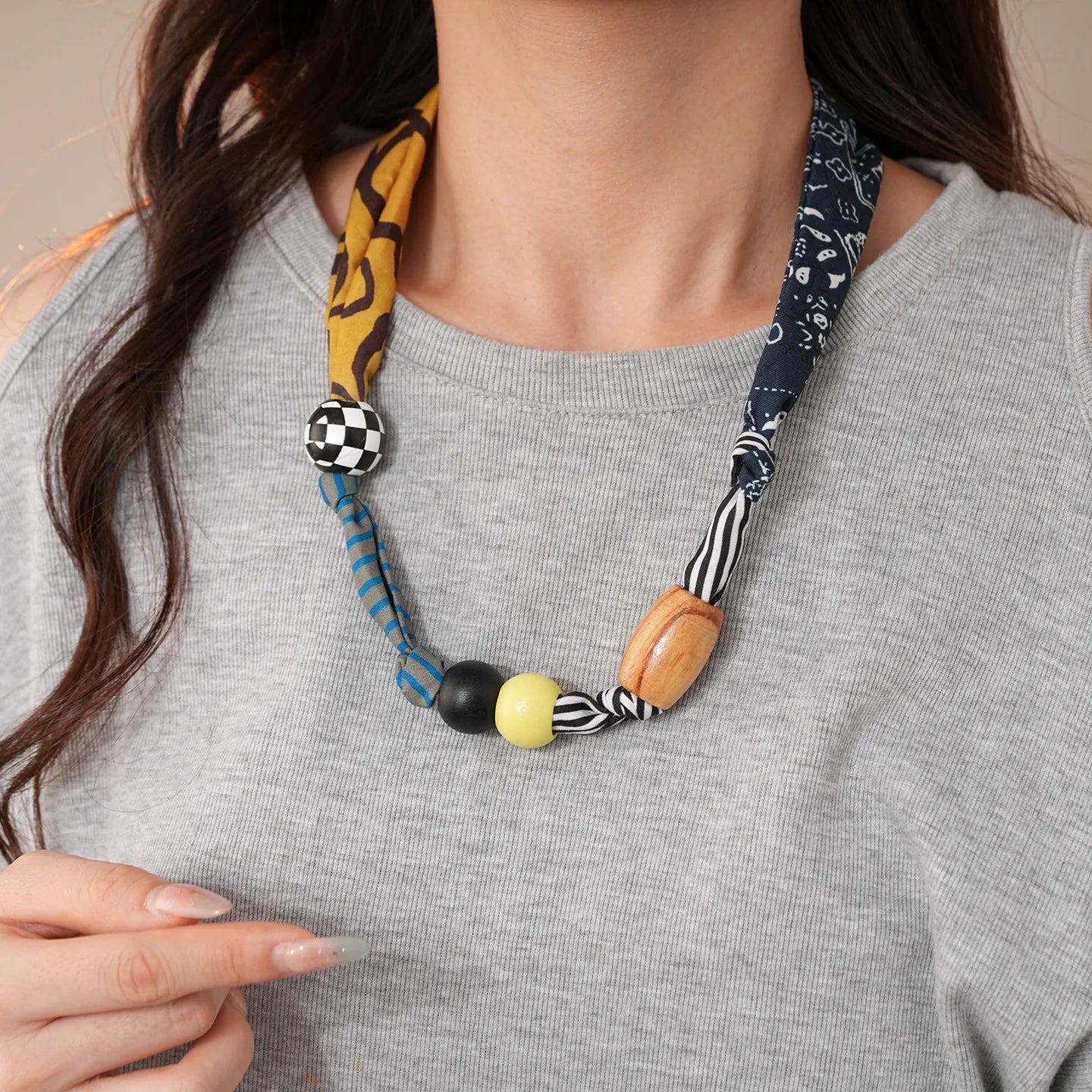 Printed Fabric Choker Necklace - Ethnic Heart Pendant Acrylic Wood Bead Charm Jewelry for Women