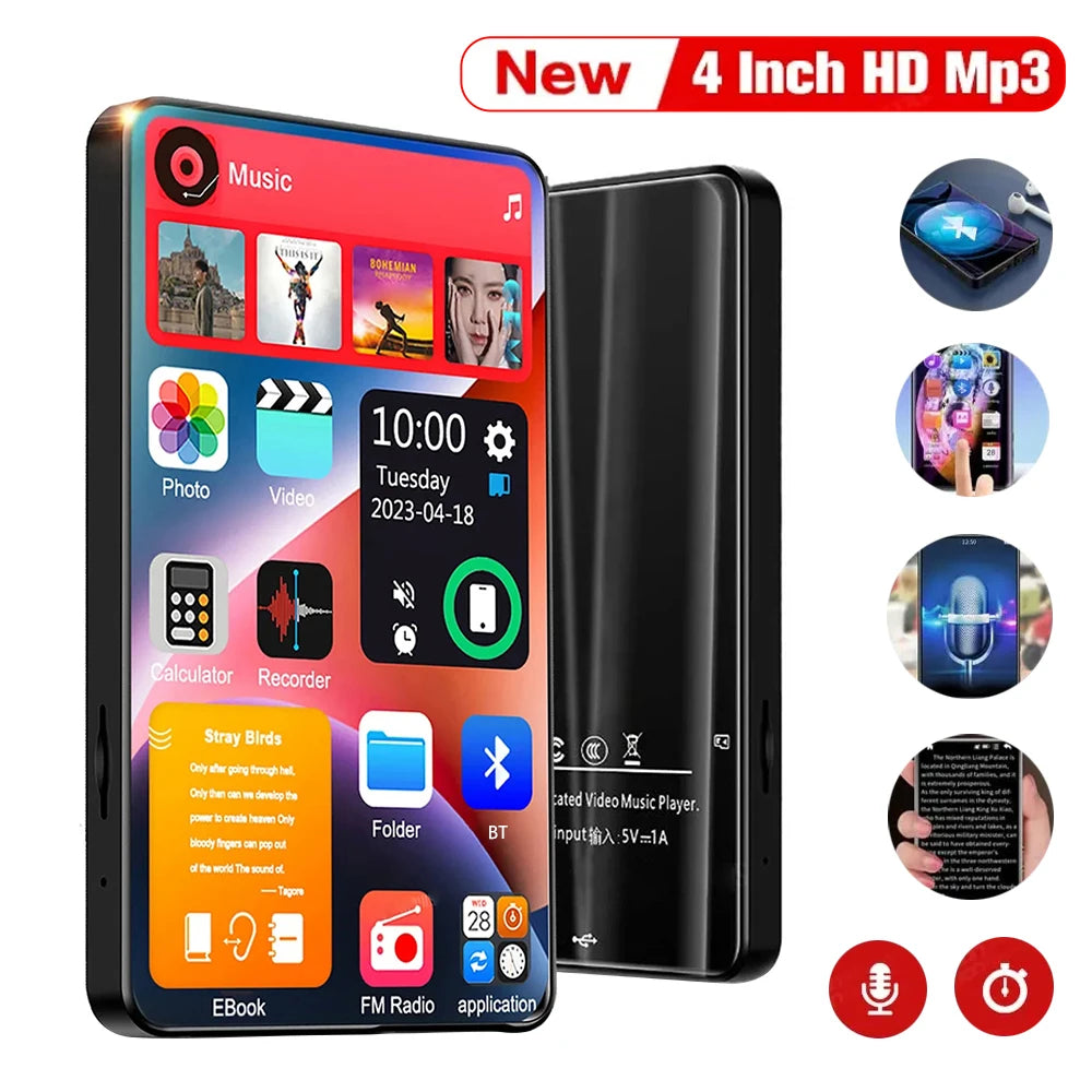 HD MP3 MP4 Player – Full Touch Screen, Bluetooth 5.2, 16GB, Built-in Speaker, Music Player, FM Radio, Recording & Ebook