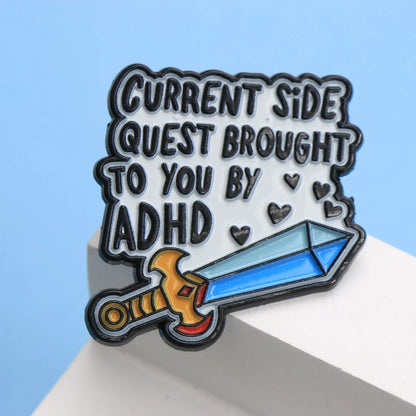 ADHD Side Quest Sword Enamel Pin – Cartoon Lapel Badge for Backpacks & DIY Gifts