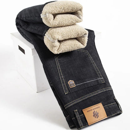 Men’s Winter Lamb Fluff Denim Pants – Fleece-Lined Straight Jeans, Thick High-Waist Slim Stretch Jeans, Big Size 40 Warm Vaqueros
