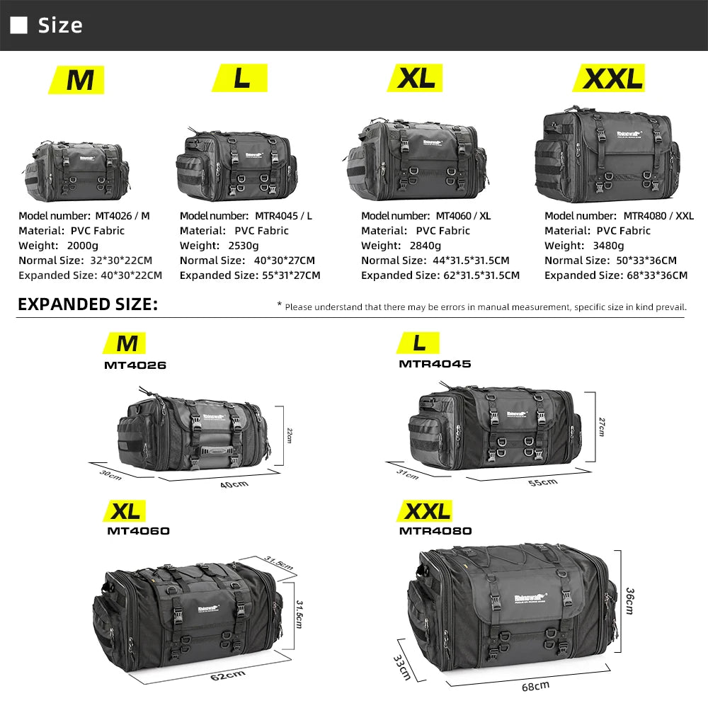 Rhinowalk Waterproof Motorcycle Travel Luggage Bag – 19L–80L Expandable Rear Tail/Trunk Rack Bag for Most Motorcycles