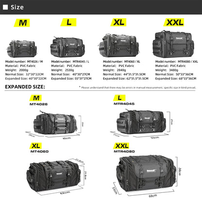 Rhinowalk Waterproof Motorcycle Travel Luggage Bag – 19L–80L Expandable Rear Tail/Trunk Rack Bag for Most Motorcycles