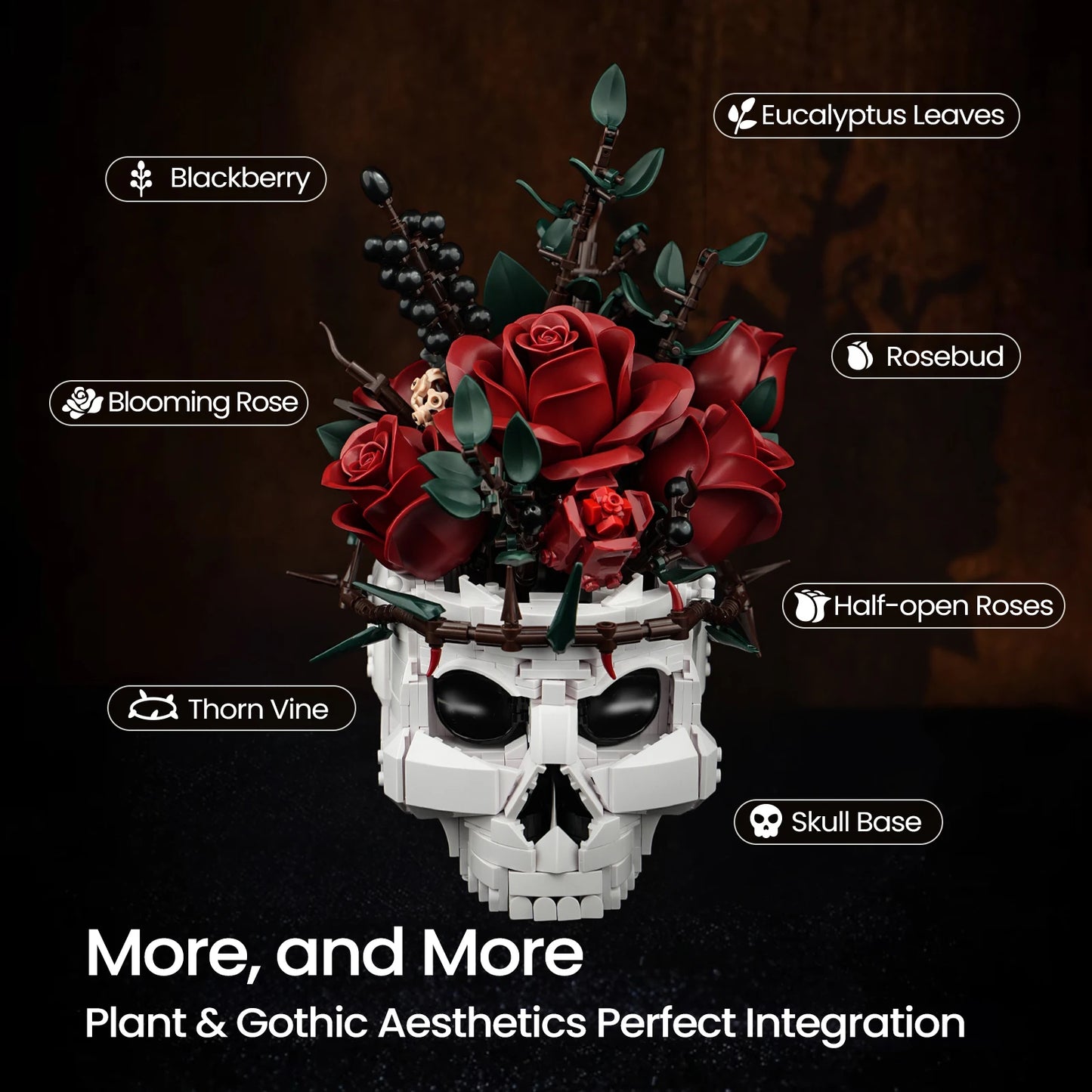 Skull Roses Bouquet Building Set – Gothic Skeleton Flower Pot Blocks for Horror Home Decor & Adult Christmas Gift