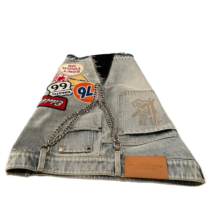 Unisex Y2K Rock Hip Hop Patchwork Denim Shorts – Retro Blue Baggy Cartoon Pattern Casual & Basketball Fitness Shorts