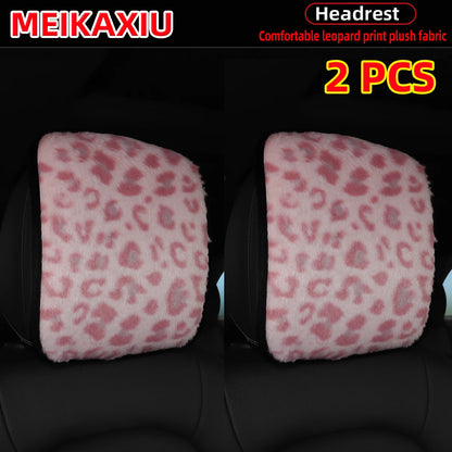 Leopard Print Faux Fur Car Headrest Cover - Soft Decorative Pillowcase for Stylish Interior Comfort
